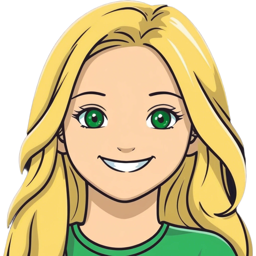 Long Blond girl smiling with green eyes emoji
