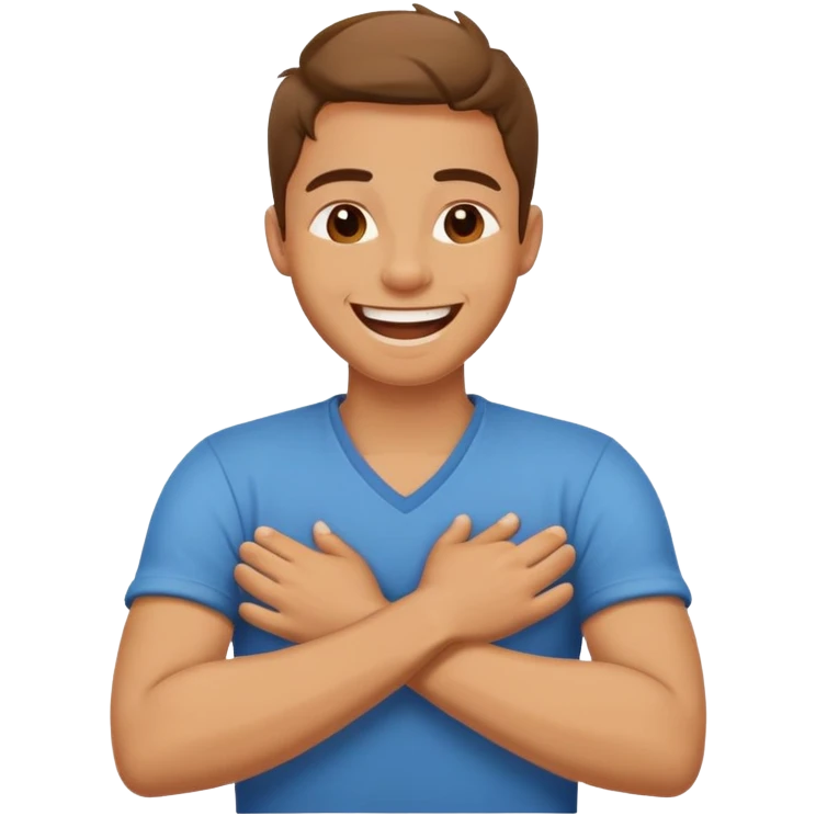 Person with there arms crossed and there hands around their neck laughing emoji