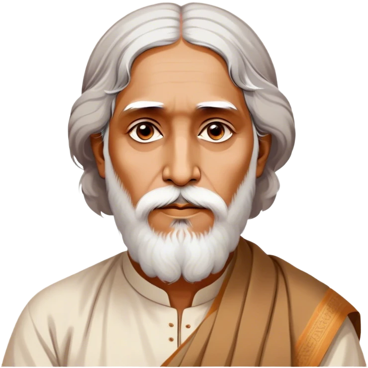Rabindranath Tagore – Cinematic Realistic Portrait of Rabindranath Tagore, depicted with thoughtful, soulful eyes and gentle features, dressed in traditional Bengali attire with subtle artistic motifs, bathed in warm, soft lighting that evokes his poetic genius and timeless wisdom. emoji
