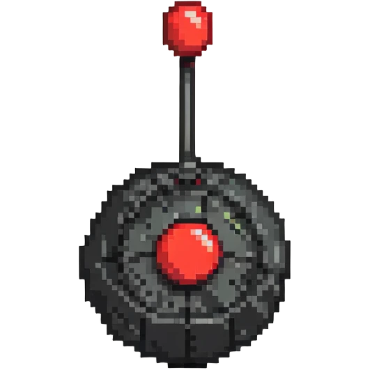 Remote control bomb, black round bomb with antenna and red button, pixel art style emoji
