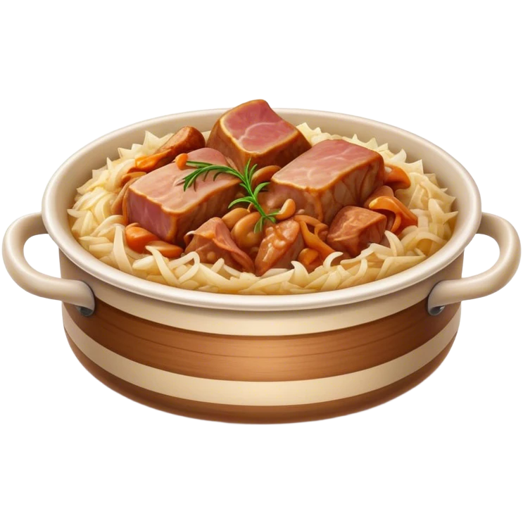 Cinematic Realistic Bigos Dish Emoji, showcasing a hearty stew of sauerkraut and meats rendered with rich textures and dynamic, rustic lighting. emoji