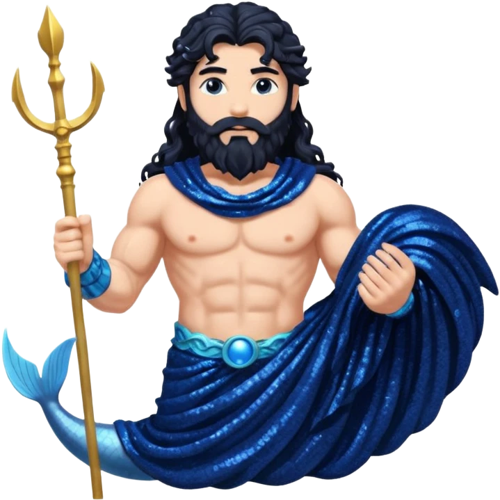 Neptune, God of Sea from Roman Deities with long jet black wavy hair and beard, dark blue sequin toga emoji