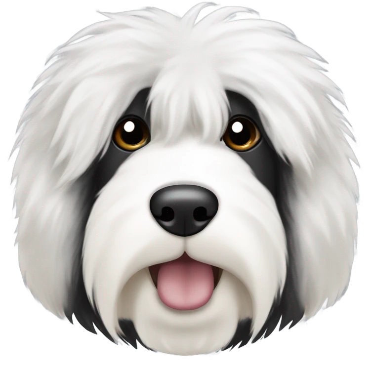 Old English sheepdog face with the right half of his face white and the left half of his face black. White around the mouth and nose. Make him fluffy and both ears are black emoji