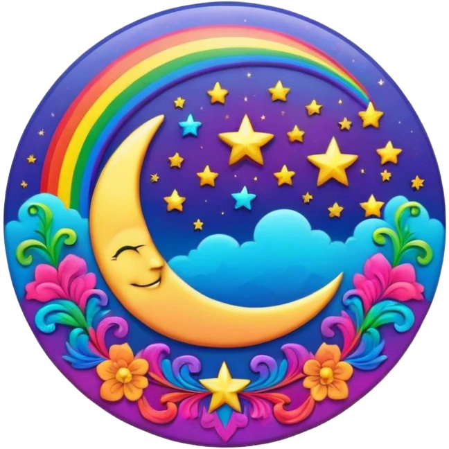 A round psychedelic colored button with a rainbow colored damask style moon and stars in the center emoji