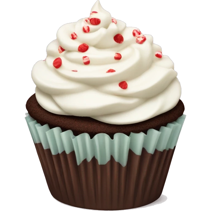 Chocolate cupcake with vanilla frosting and crushed peppermint emoji