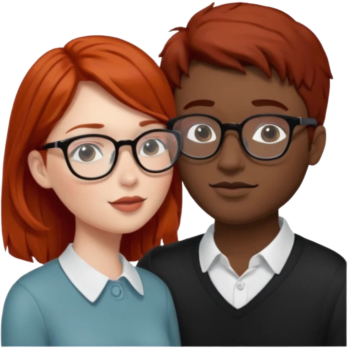 Redhead women in glasses kissing a dark haired man in glasses emoji