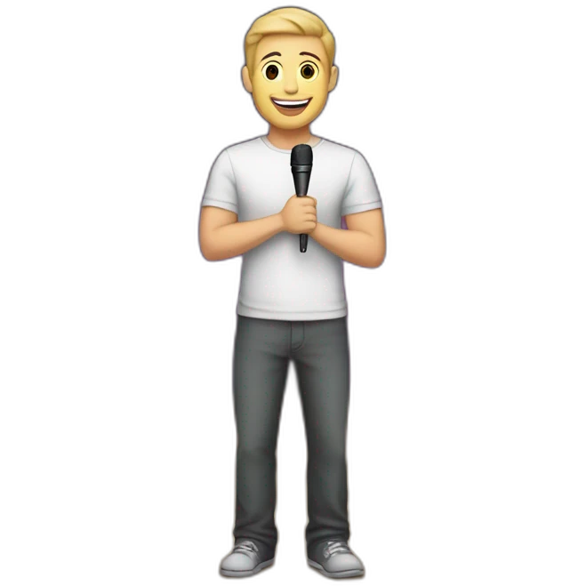 white light skin man person standing in a theater with red curtains standing on elevated stage holding a microphone smiling with light hair emoji