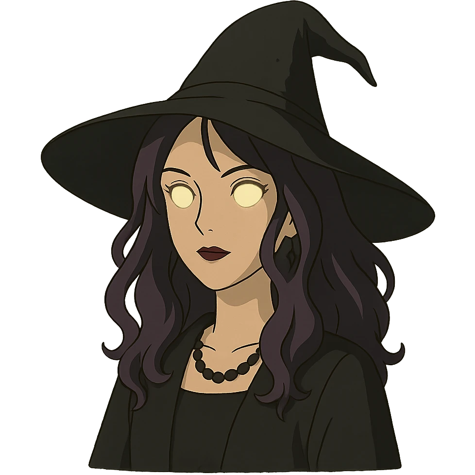 gothic woman with purple hair, witchy touch, wearing a witch hat and glowing eyes, ghibli style emoji