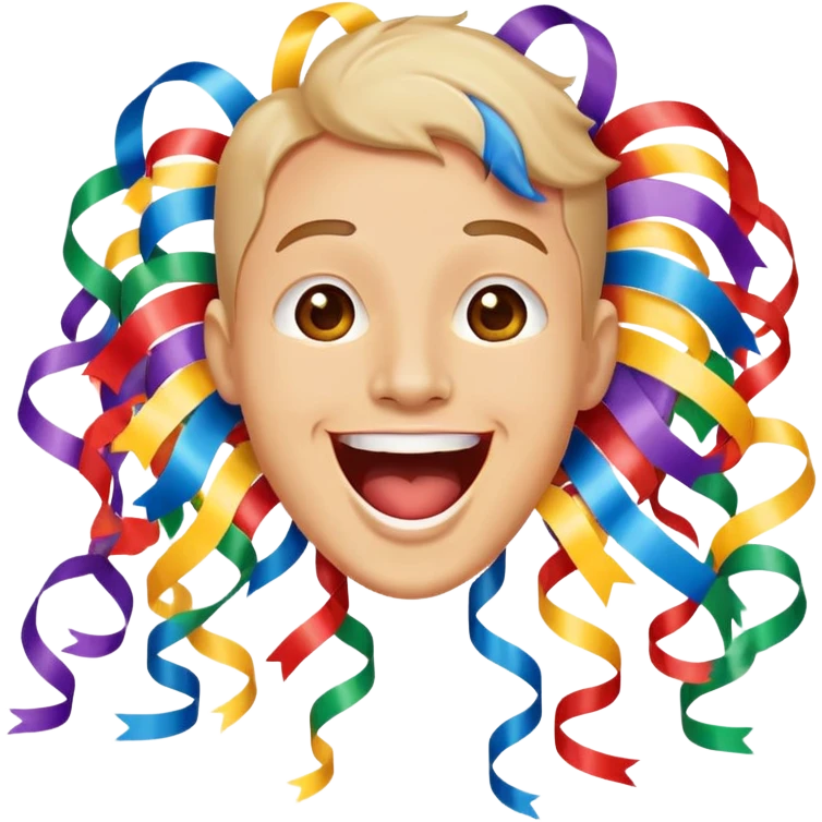 face with open mouth, smiling, surrounded by parade streamers emoji