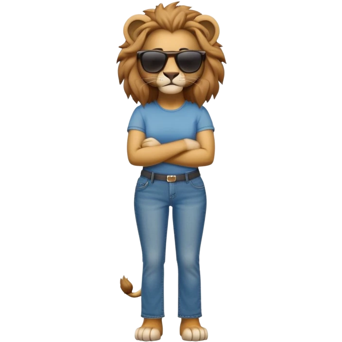 friendly anthropomorphised female lion character, full body, standing confidently with arms folded, wearing jeans, a t-shirt, and dark sunglasses emoji