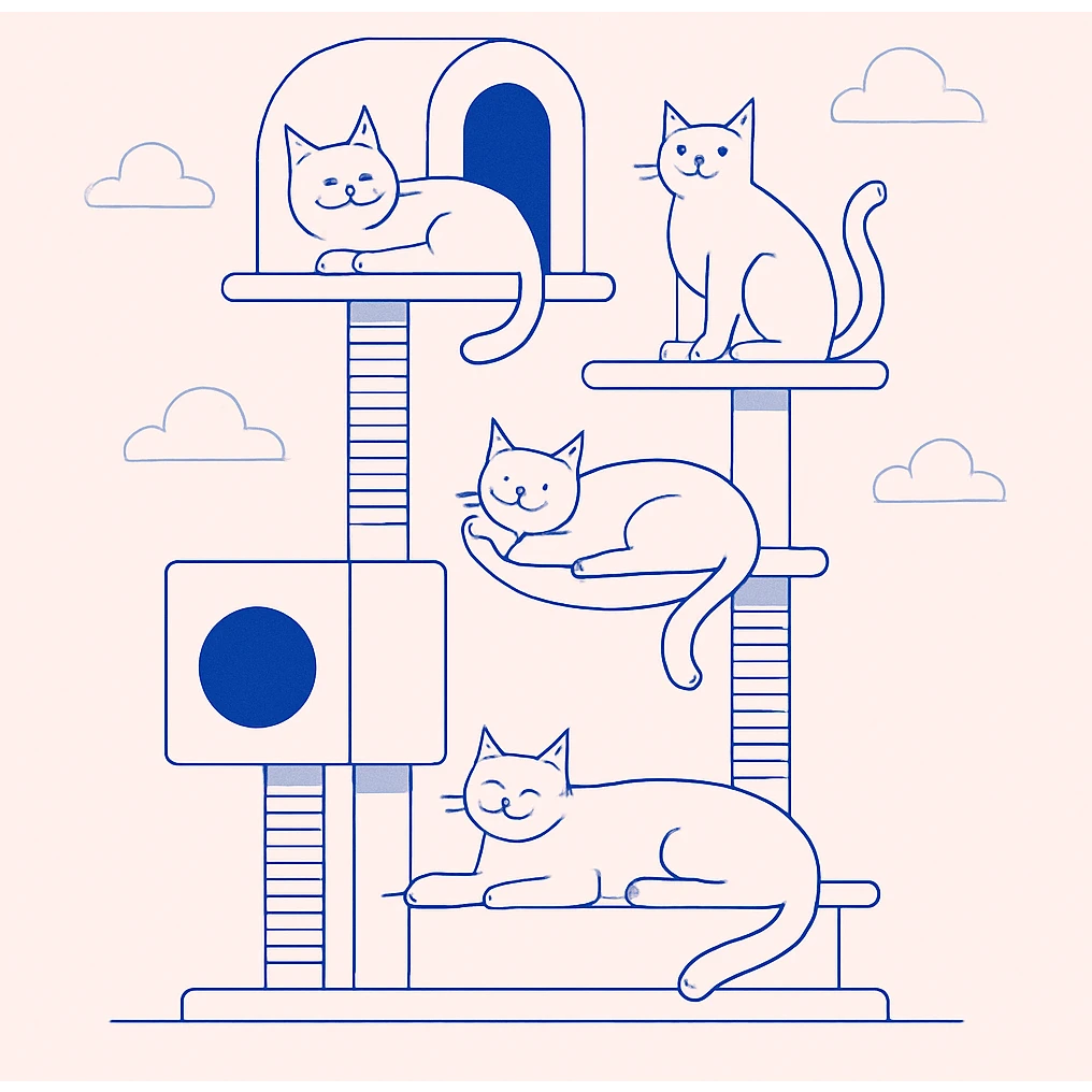 multiple cats lounging in tall cat tree playhouse emoji