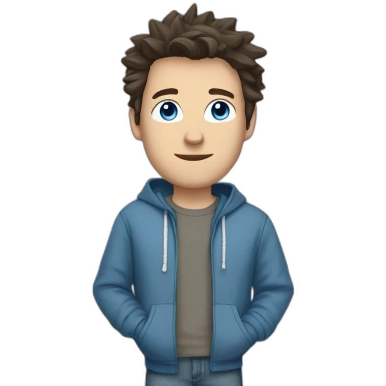 white male adult, Dark Brown Spikey Hair, Blue Eyes, Grey Hoodie, Blue Jeans, Converse shoes emoji