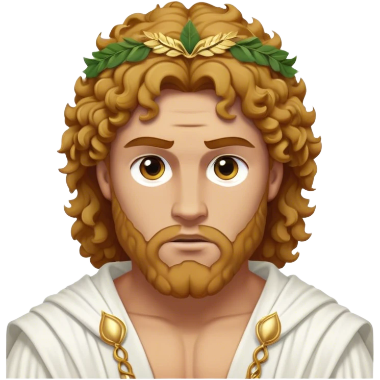 Cinematic Realistic Hercules Portrait, depicted as a classical Greek hero merging the fierce masculinity of Hercules with the refined face of Michelangelo's David. His light tan, chiseled skin glows with timeless strength, and his thick, curly, golden brown hair cascades in natural, sculpted curls reminiscent of a warrior’s mane. Draped in a flowing white robe with delicate golden accents and crowned with a traditional Greek laurel wreath, his intense, determined eyes exude noble might, all rendered under dynamic natural lighting with a mythic, radiant glow. emoji