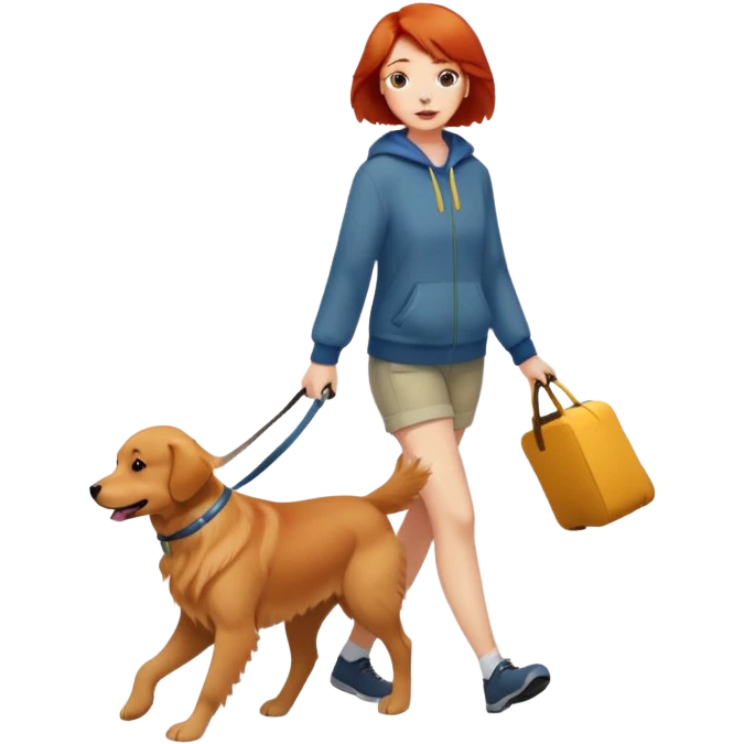 A girl with super short red hair walking a golden retriever emoji
