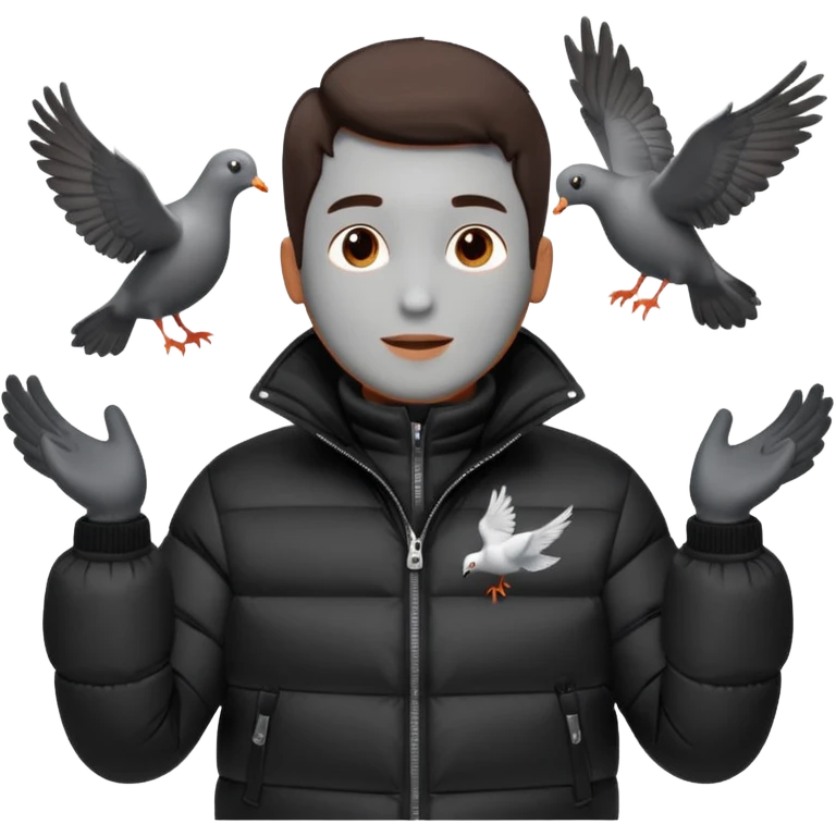 puffer shiny black jacket man open arms looking at a flying pigeon emoji
