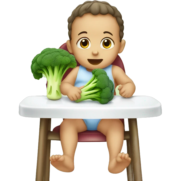 A baby sat on a high chair eating broccoli emoji