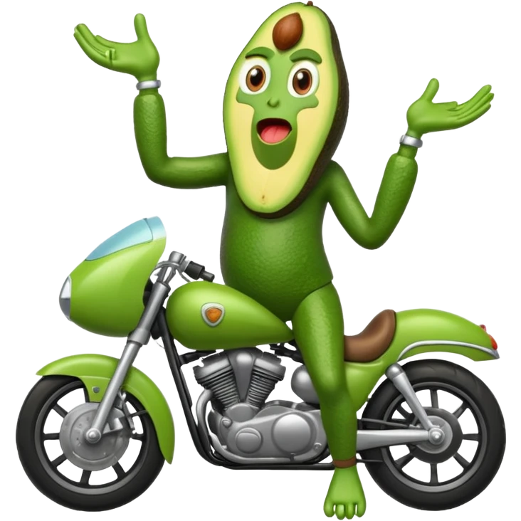Aguacate con piernas manos y una moto emoji