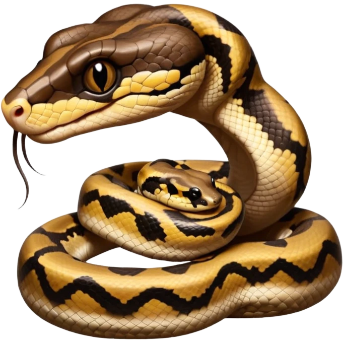 A photo-realistic digital illustration of a Ball Python, large headshot portrait. The snake has a short, rounded snout, smooth contours, and a calm, curious expression. Its head is warm brown with bold, irregular dark markings, including the signature “alien-head” pattern.  emoji