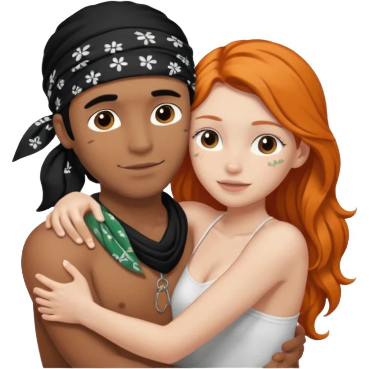 Brown guy with black hair with bandana on his head naked hugging a white girl with long ginger hair naked emoji