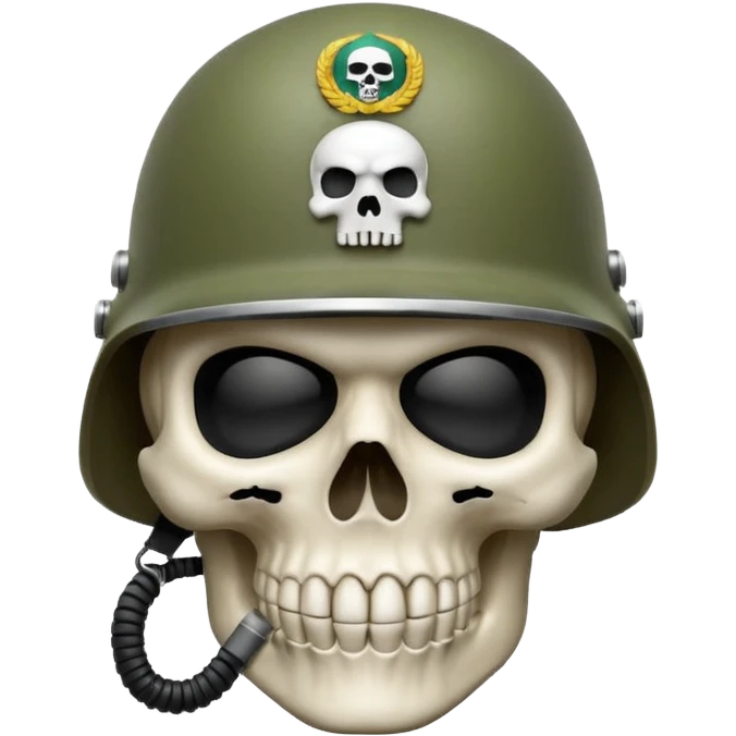 A bold emoji-style (bodyless) white skull wearing a realistic modern army helmet, making a shushing gesture (index finger bone held up to mouth area). Clean vector style,modern emoji aesthetic.The helmet has detailed realistic texture. emoji