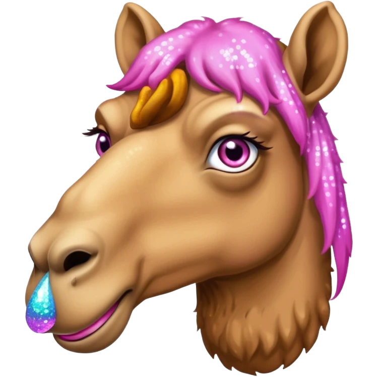 Camel with toes on his hoofs and pink beard that comes out of his chin with sparkle eyes facing forward emoji