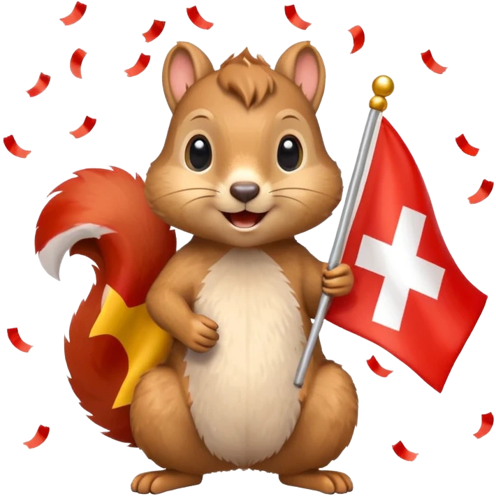 squirrel holding a Swiss flag, surrounded by even more confetti, emoji style emoji