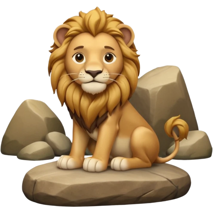 A 3D cartoon lion with a golden mane, sitting proudly on a rock, calm smile, smooth fur, bright warm sunlight, friendly but majestic look, Memoji-style. emoji