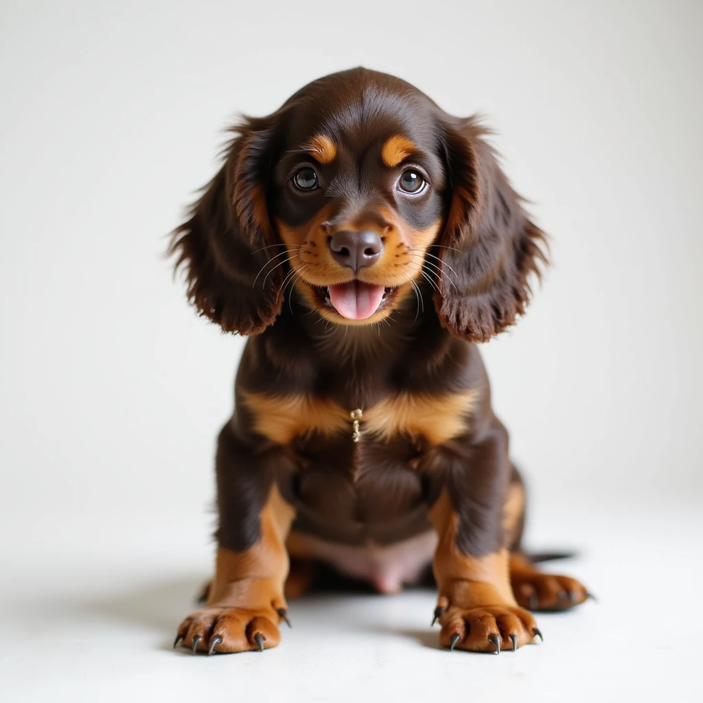 realistic chocolate tan English cocker spaniel puppy, standing, floppy ears, happy face, photorealistic style emoji