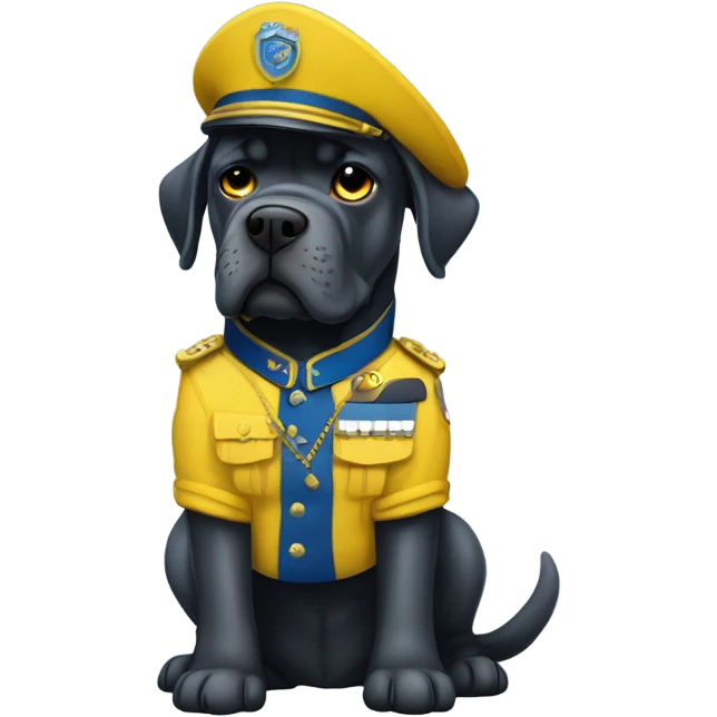 A Cane Corso dressed as a blue and yellow commando uniform. emoji