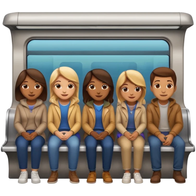 five diverse gender people, smiling and sitting together in a subway car inspired by Apple emoji subway, Apple emoji style emoji