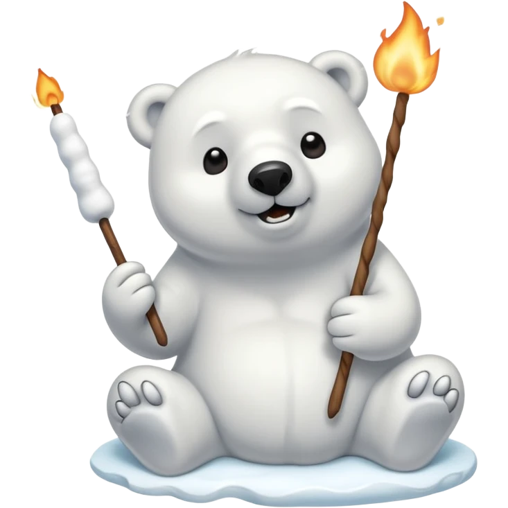 polar bear by a campfire roasting a marshmallow on a stick emoji