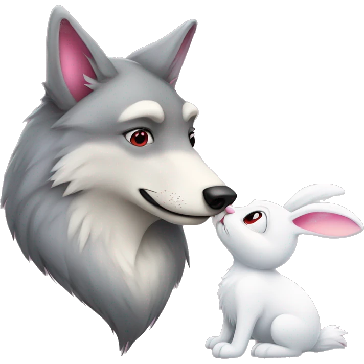 Old Wolf kisses a white Bunny who has pink ears, with big red heart between them emoji