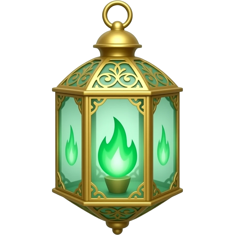 A golden hanging lantern with a bright emerald green flames, an empty loop on top, fae filigree themed sunflowers on the left and asphodels on the right as part of the design, but simple focus more on the green flames, paint the glass more green emoji