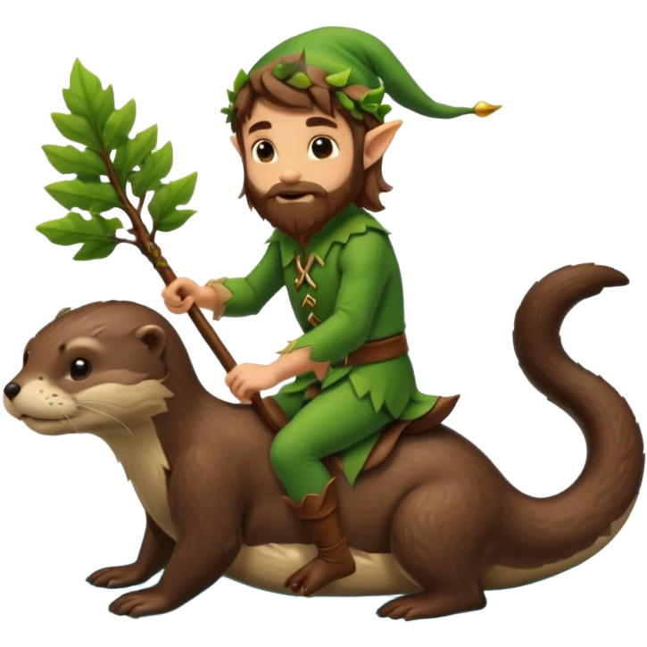 tiny forest elf man long brown hair beard riding an otter emoji