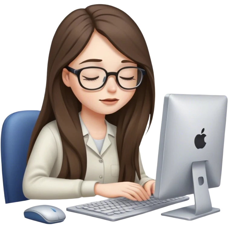 pale brunette girl in glasses with long hair works on computer eyes closed emoji