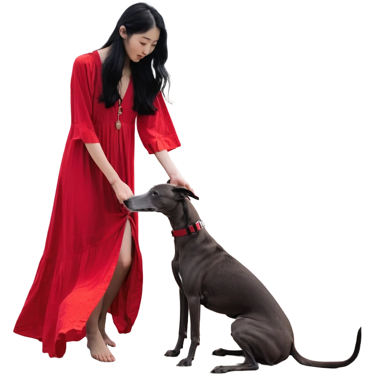 A beautiful 25-year-old Japanese woman with long flowing black hair wearing a stylish red beach dress, gently petting a PURE SOLID DARK GREY whippet with a bright RED COLLAR on a beach at night under a starry sky. The whippet MUST be 100% SOLID DARK GREY with ABSOLUTELY NO WHITE MARKINGS ANYWHERE - specifically NO WHITE on face, NO WHITE on chest, NO WHITE on paws - ENTIRELY ONE CONSISTENT SOLID DARK GREY COLOR throughout. Deep blue night sky filled with bright stars, moonlight reflecting on the ocean, sandy beach in the foreground. emoji