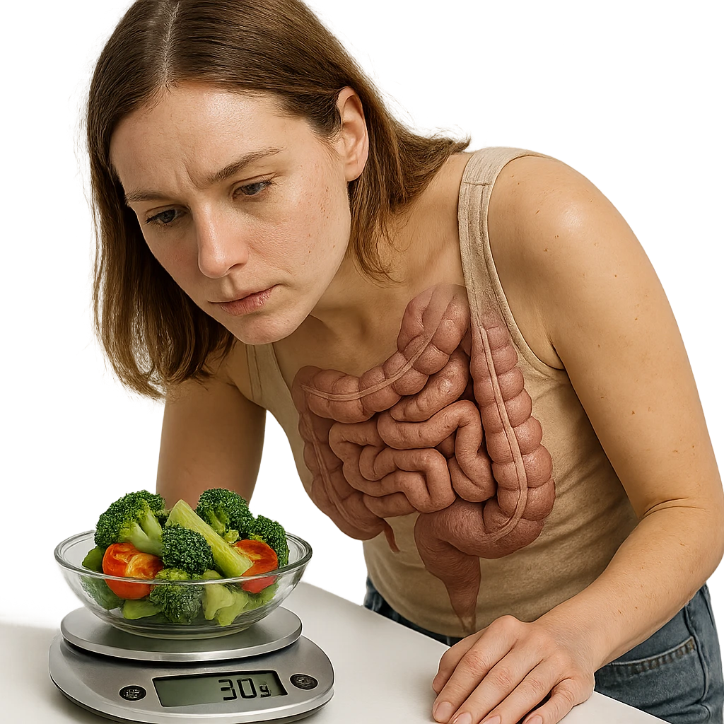 realistic woman with visible intestine leaning towards the camera, weighing 30g of vegetables on a kitchen scale, readable display showing '30g', gaze fixed on the display, white background, realistic style emoji