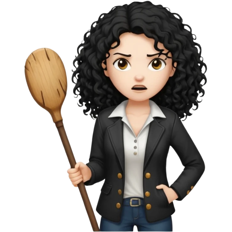 Hey, please generate me an emoji that depicts a woman white skin long black curly disheveled hair slightly thicker, she is wearing a white T-shirt and a black unbuttoned jacket she is furious she is holding a large wodden STICK  emoji