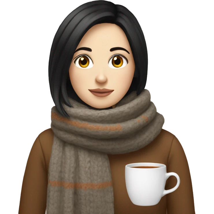 White girl black hair in a sweater and scarf sipping tea  emoji