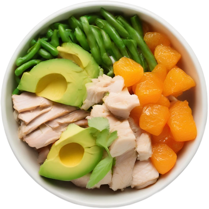 Poke bowl with chicken, diced avocados, mandarins, cut cucumbers and green beans; side view emoji