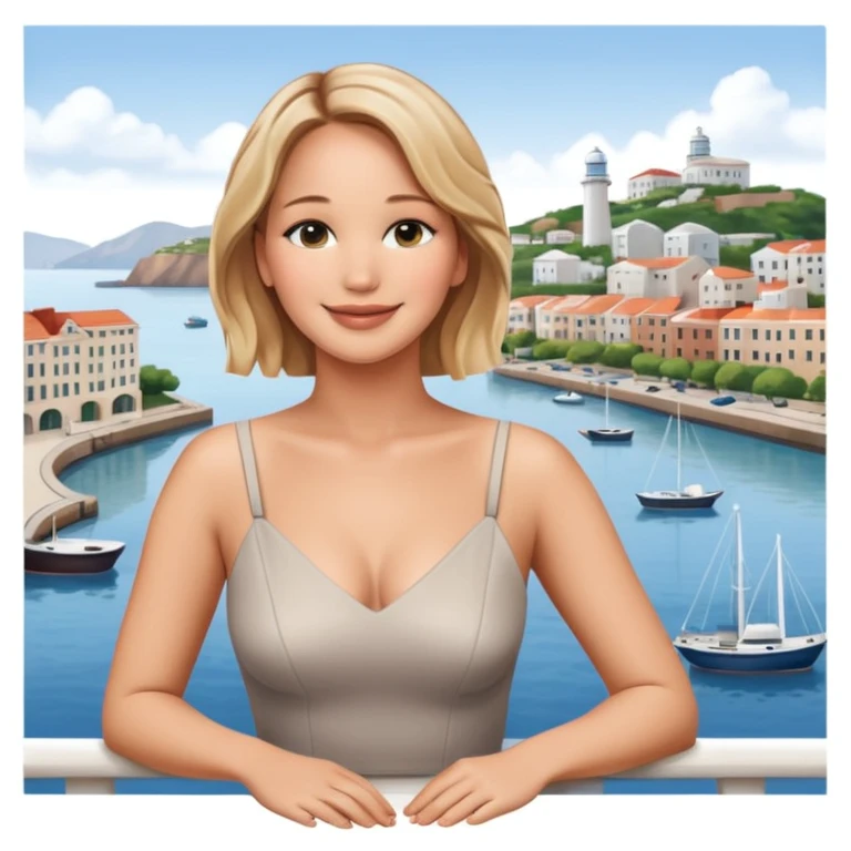 jennifer lawrence, leaning on a balcony with a harbor and cityscape in the background, smiling, closeup emoji