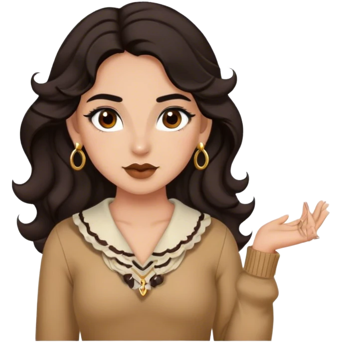 Girl with wavy hair dark chocolate hair, black eyebrows, brown doe eyes, earrings slim and with a cute outfit emoji