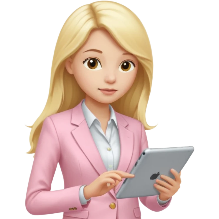 Long blonde hair girl and light pink suit working  in a tablet emoji