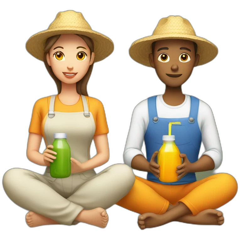 male and female farmer meditating with juice bottle emoji