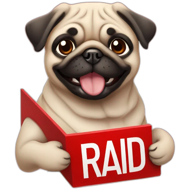 smiling pug holding a sign that reads the word "raid" in big red font emoji