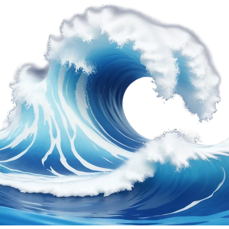 3D render of Tsunami, miniature weather phenomenon, volumetric particle effects, giant curling wave of deep blue water with white foam, emoji style, isolated on white background --v 6.0. emoji