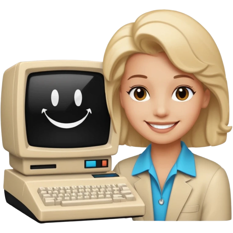 White and black 80s computer with face emoji