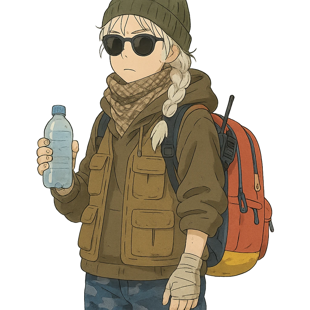 1 female, long white braid, knit cap, dark sunglasses, shemegh neckwrap, fishing vest, vibrant shool backpack, drab hoodie, handwraps, blue camo pants, handheld radio clipped to shoulderstrap of backpack, unkempt, holding a bottle of water emoji