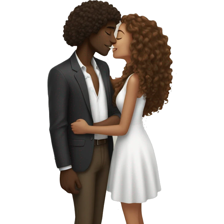 black man and white girl with long brown curly hair kiss emoji