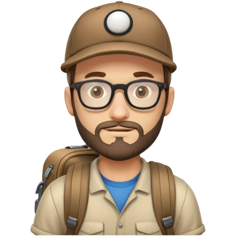 adventurer with backpack, small beard, glasses and backwards baseball cap emoji
